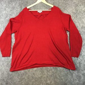 Kim Rogers Top 2X V Neck Strappy Front Fine Gauge Knit Sweater Long Sleeve Red
